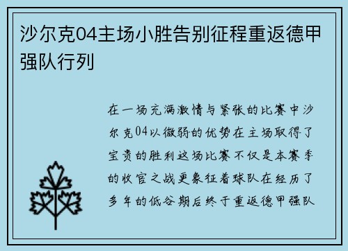 沙尔克04主场小胜告别征程重返德甲强队行列