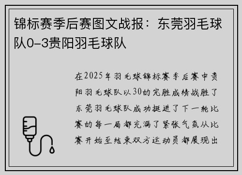 锦标赛季后赛图文战报：东莞羽毛球队0-3贵阳羽毛球队